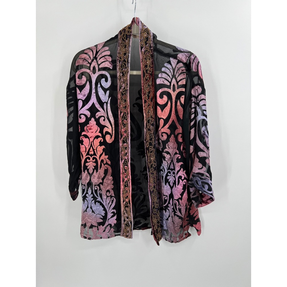 Soft Surroundings Burnout Velvet Beaded‎ Kimono Jacket L/XL Boho Whimsigoth